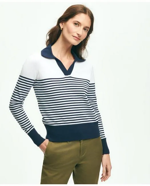 Brooks Brothers Women's Supima Cotton Johnny Collar Striped Sweater White Brooks Brothers