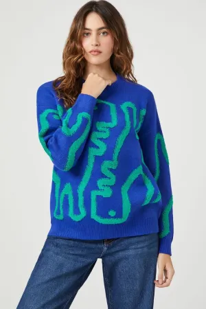Forever 21 Knit Women's Abstract Dinosaur Sweater Blue/Multi Forever 21