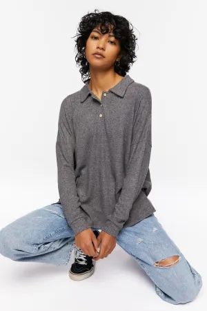 Forever 21 Women's Long-Sleeve Polo Shirt Charcoal Forever 21