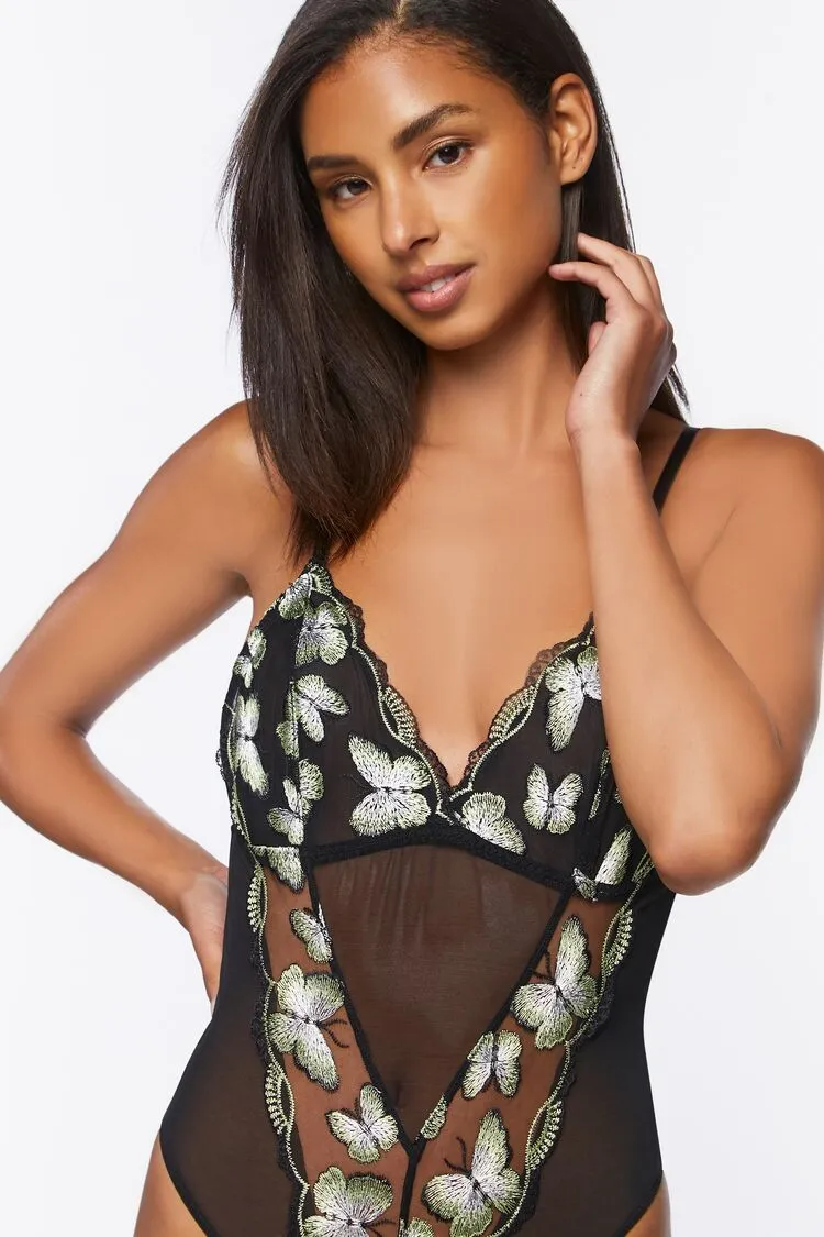 Forever 21 Women's Mesh Butterfly Lingerie Bodysuit Black/Herbal Green Forever 21