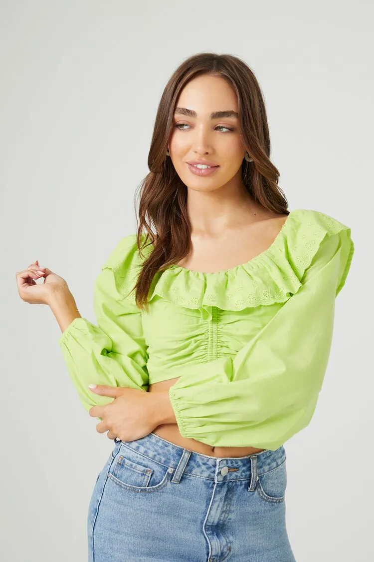 Forever 21 Women's Off-the-Shoulder Ruffle Eyelet Top Honeydew Forever 21