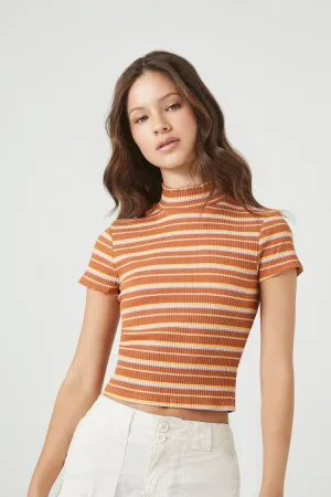 Forever 21 Women's Striped Mock Neck T-Shirt Rust/Multi Forever 21