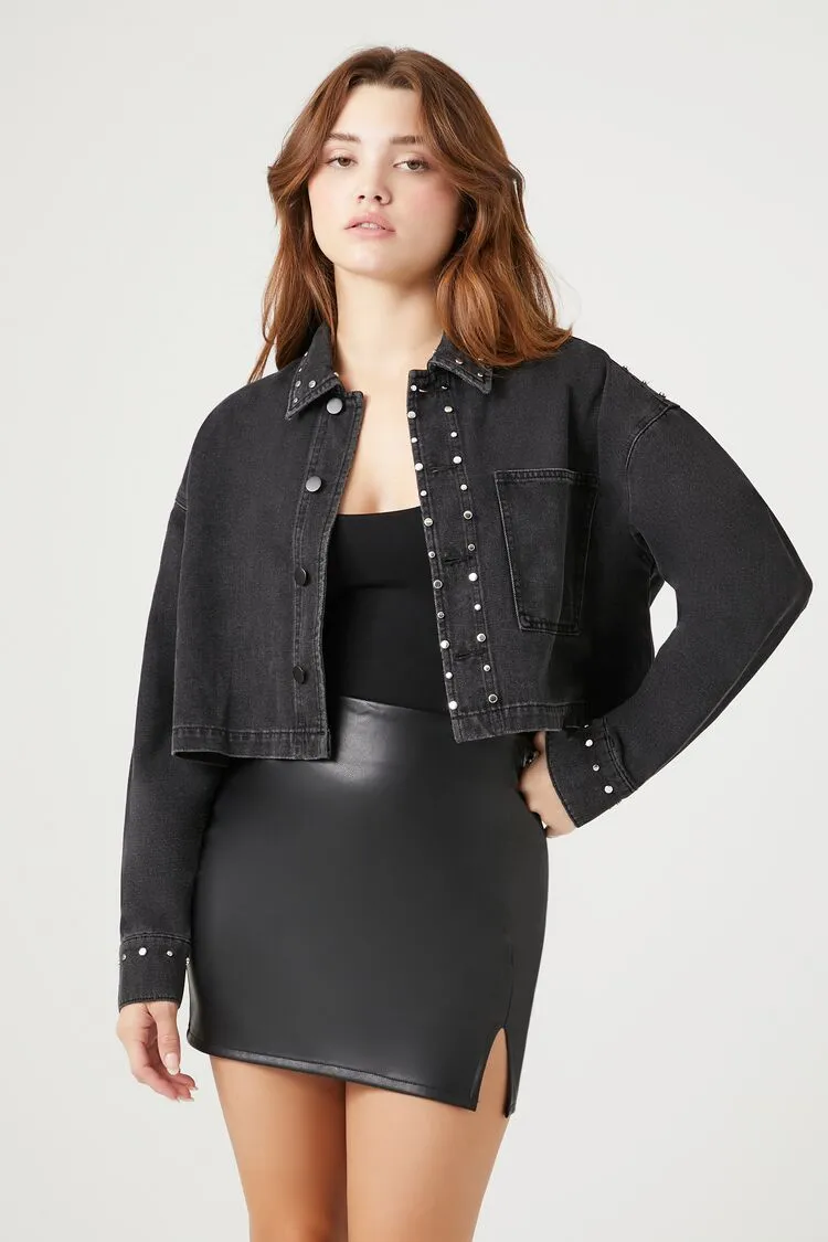 Forever 21 Women's Studded Denim Shirt Washed Black Forever 21