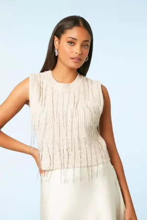 Forever 21 Women's Sweater-Knit Rhinestone Fringe Crop Top Oatmeal/Multi Forever 21