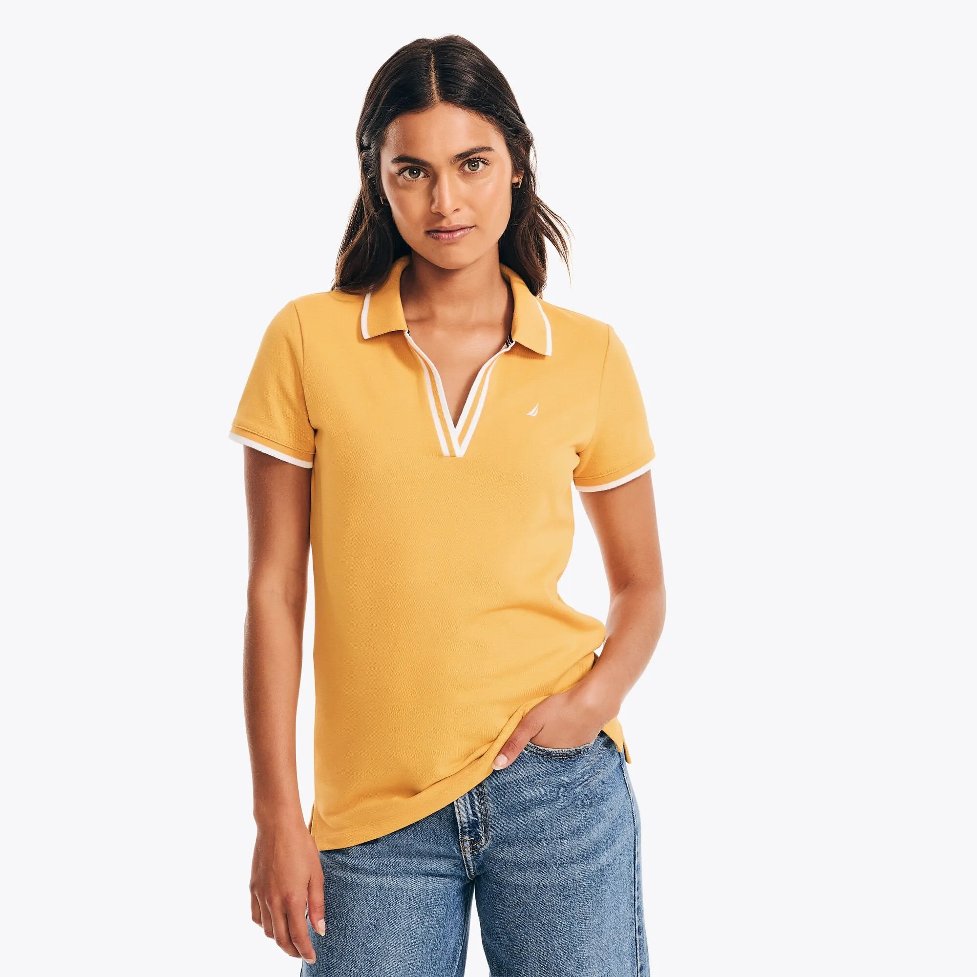 Nautica Women's Sustainably Crafted Ocean Split-Neck Polo Yellow Zest Nautica