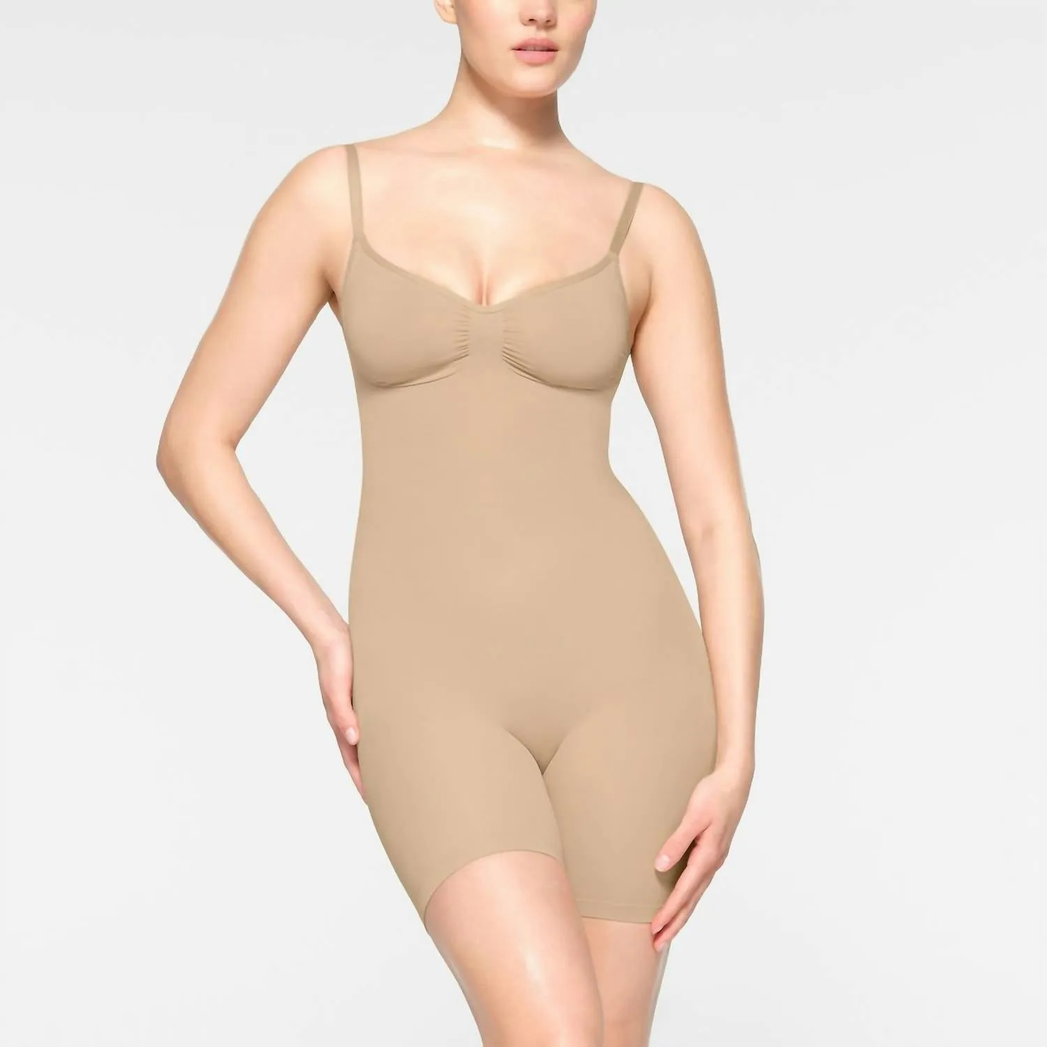Seamless Sculpt Low Back Mid Thigh Bodysuit In Clay