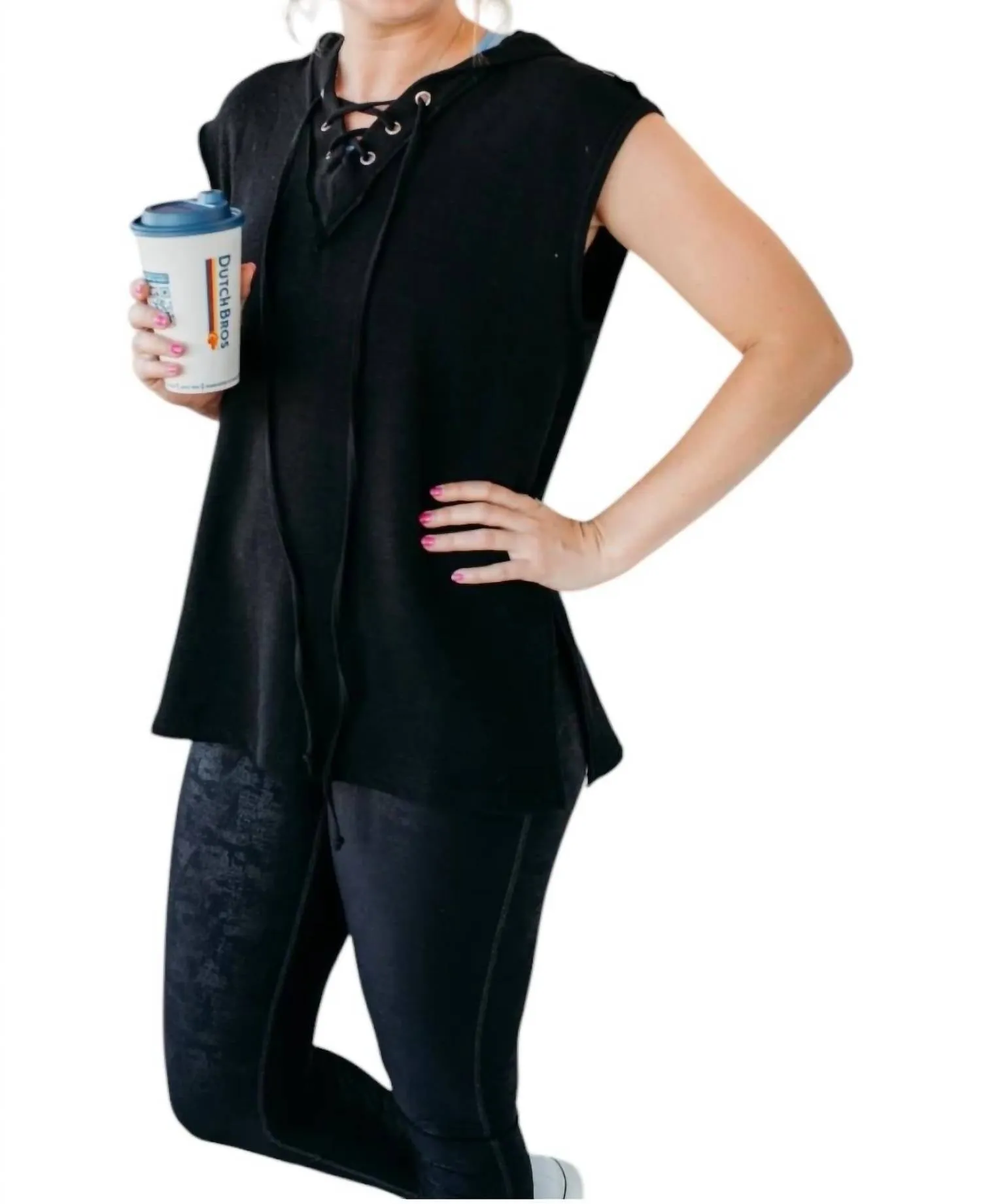 Sleeveless Lace-Up Hoodie In Black